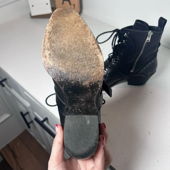 **SOLD**AllSaints Black Leather Lace-Up Ankle Boots Studded Buckle Moto Booties - Picture 6 of 8